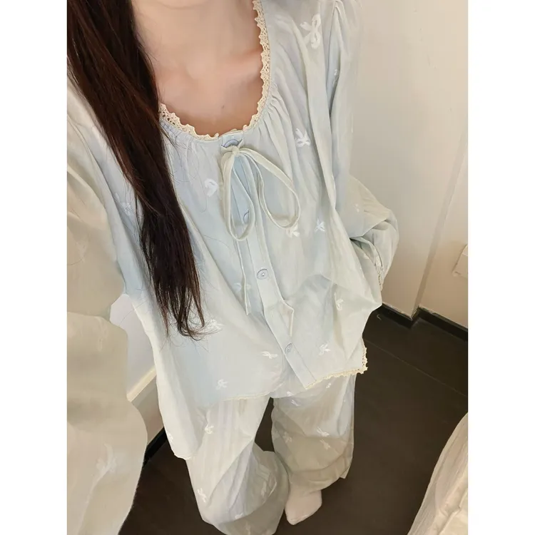 甜美简约蝴蝶结花边睡衣女春秋季新款长袖长裤家居服套装可外穿