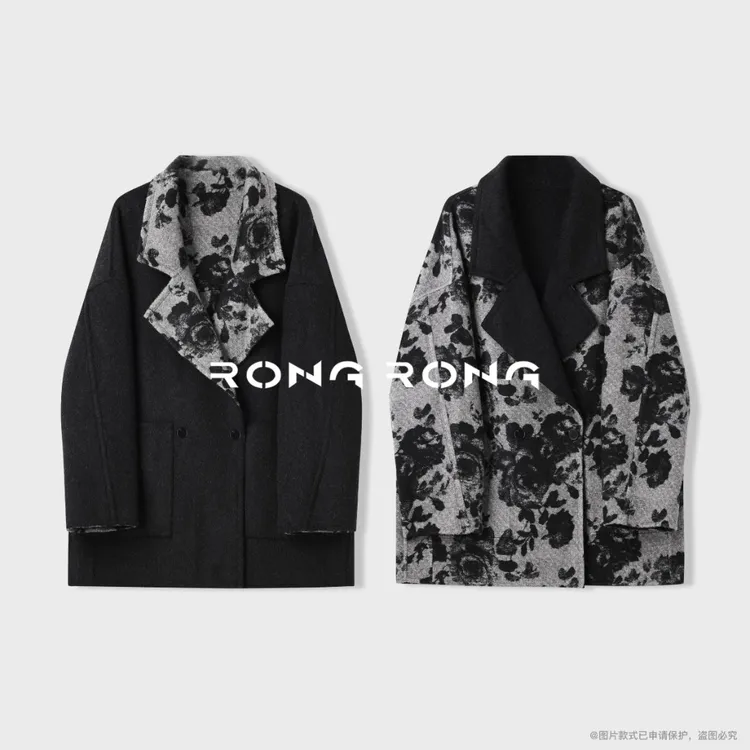 溶溶【水墨花诗】RONGRONG 100绵羊毛双面印花双面呢大衣2512H007