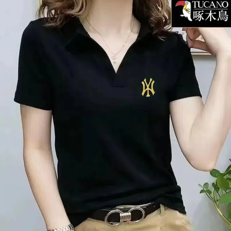 啄木鸟新款刺绣上衣POLO领T恤女士夏季薄款短袖纯色女装t恤打底衫