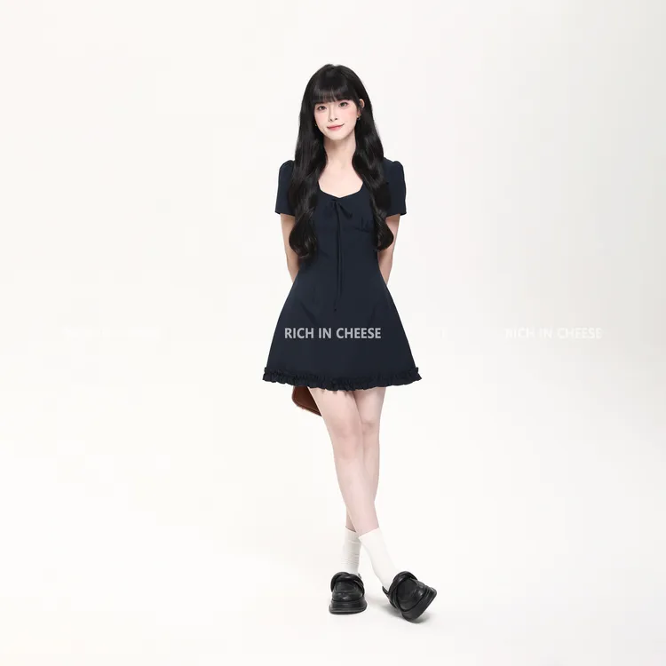 RICHINCHEESE 安娜舞会 韩系蓝调蝴蝶结设计感简约气质收腰连衣裙
