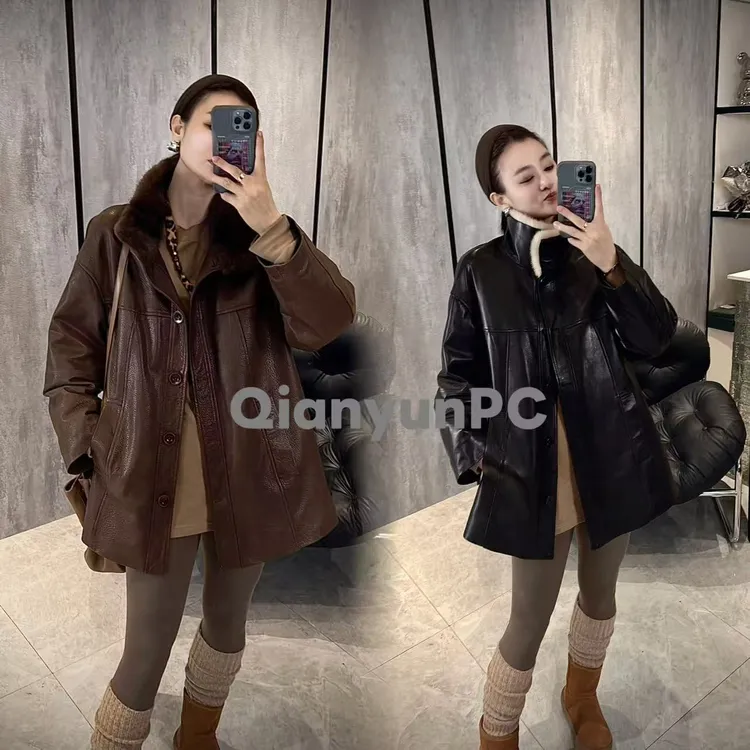 仙野棕-真皮绵羊皮内里白鹅绒加厚款时尚休闲翻领皮衣冬季女外套