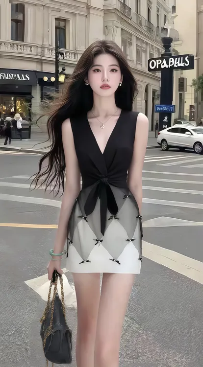 轻奢高级优雅黑色V领收腰无袖修身包臀设计感连衣裙时尚气质女装