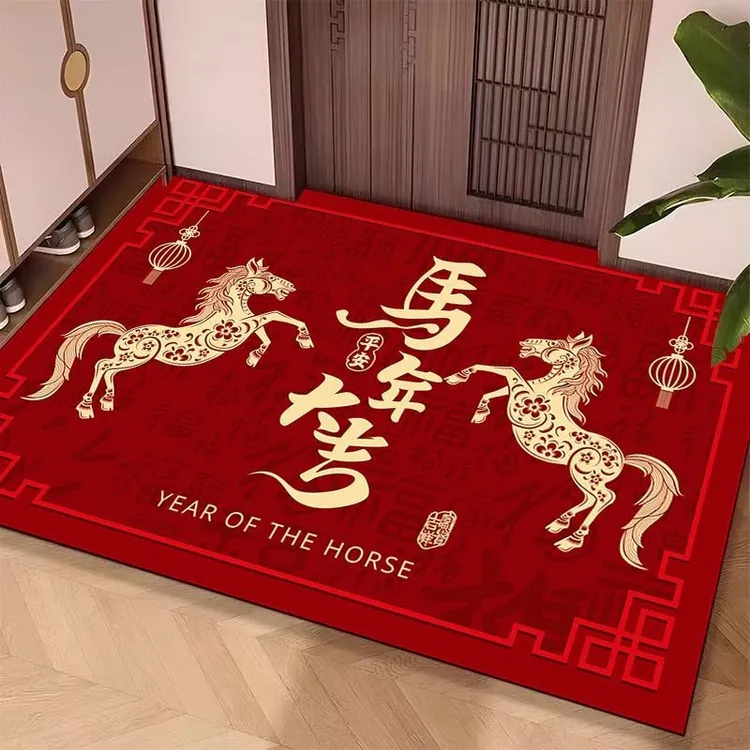 新款马年水晶绒地垫入户进门口地毯玄关室内卧室地毯红色门垫CCH