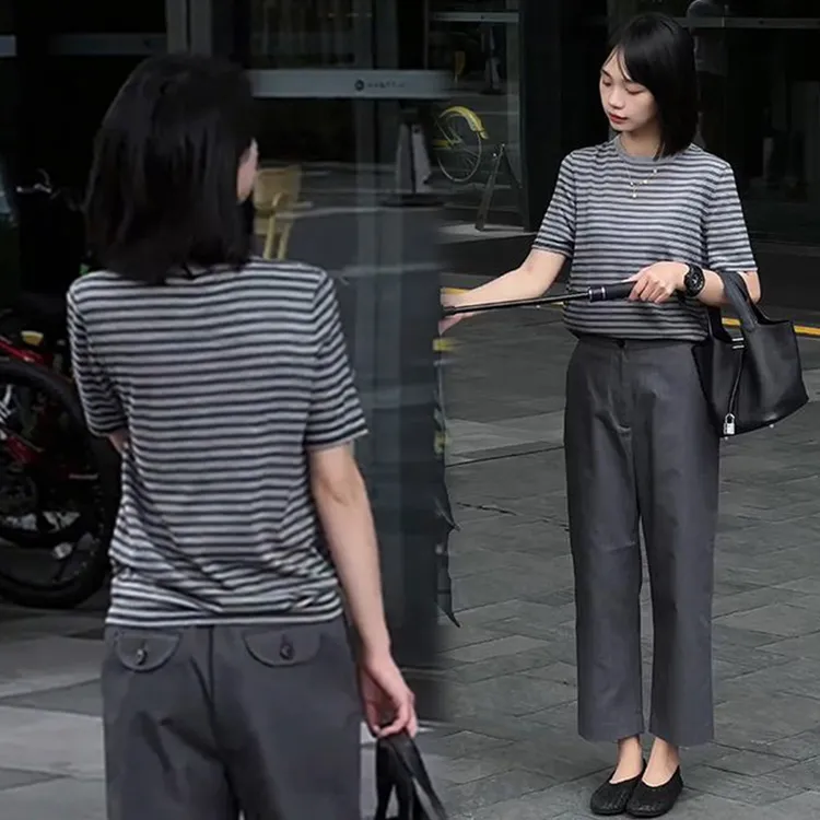 夏季2025新款洋气炸街套装条纹短袖T恤女高腰修身直筒百搭休闲裤