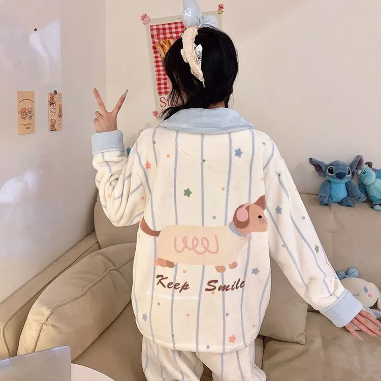 2025新款可爱腊肠狗珊瑚绒睡衣女童冬季保暖法兰绒初中生女孩大童