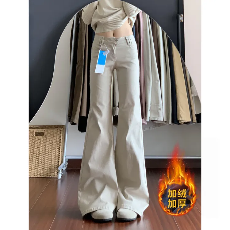 复古加绒低腰显瘦拖地牛仔裤女秋冬新款美式街头风水洗微喇直筒裤