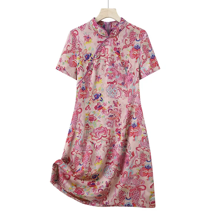 A字裙新中式国风连衣裙女士洋气提花斜襟减龄裙子夏季气质立领短