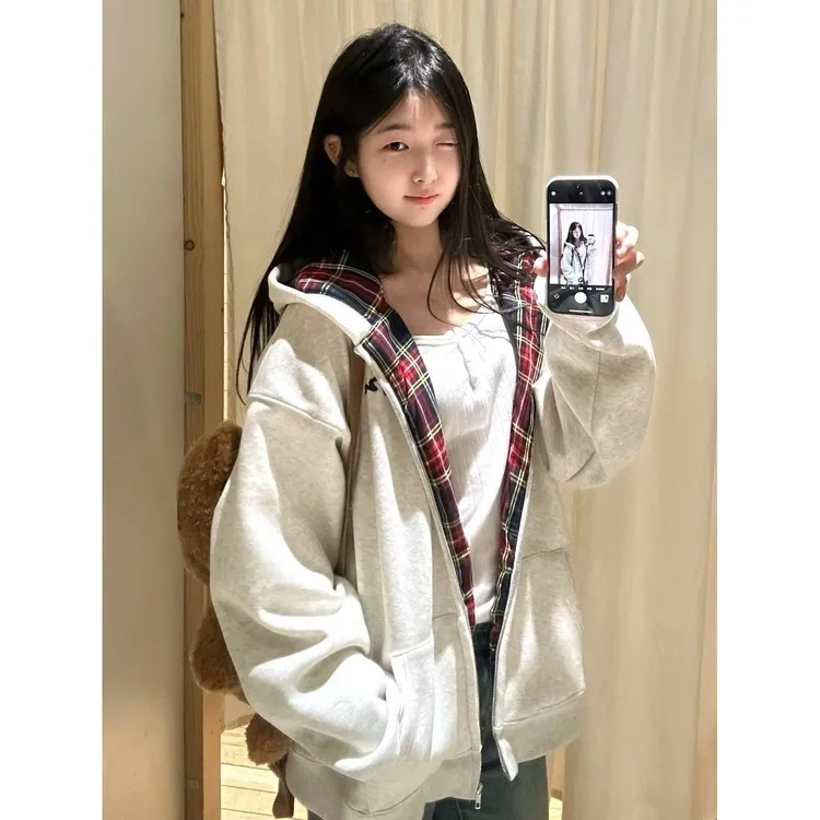 百搭格子拉链外套刺绣慵懒风连帽卫衣加厚开衫宽松复古美式春秋冬