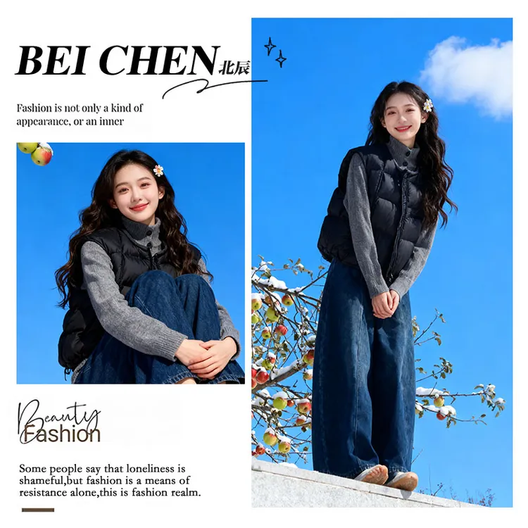 大码巨好看穿搭韩版棉服马甲外套高领针织毛衣休闲阔腿裤三件套装