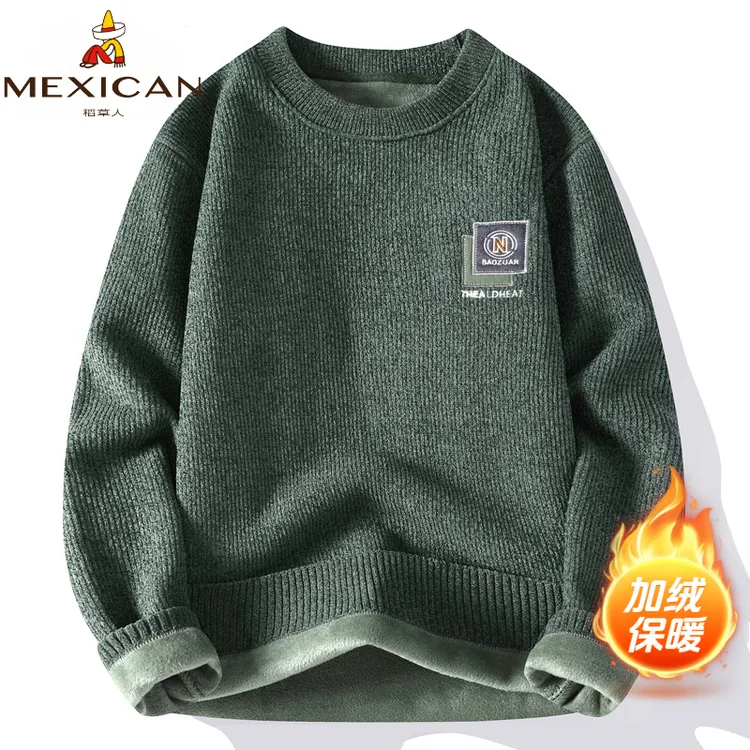 Mexican/稻草人秋冬季新款男士圆领打底衫潮牌休闲双面绒休闲卫衣