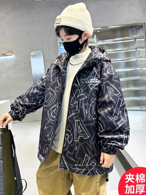 男童秋冬款棉服新款过度季节薄款二棉连帽冲锋衣中大加厚冬装潮款