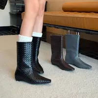 高跟百搭时尚方头短靴加绒靴子女编织宽松套筒坡跟直筒中筒时装