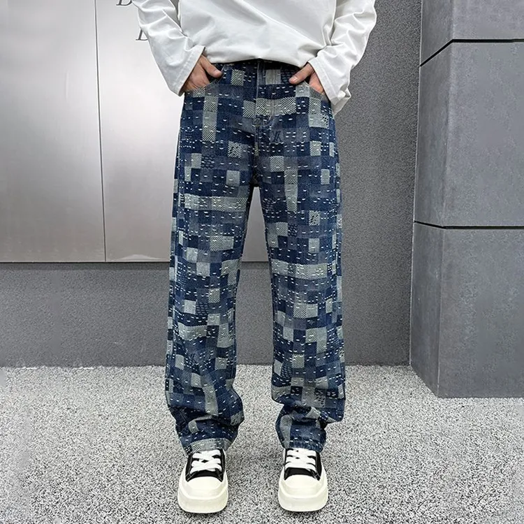 25SS【驴家平替】高级感棋盘格牛仔裤男款小众设计感潮牌宽松直筒裤