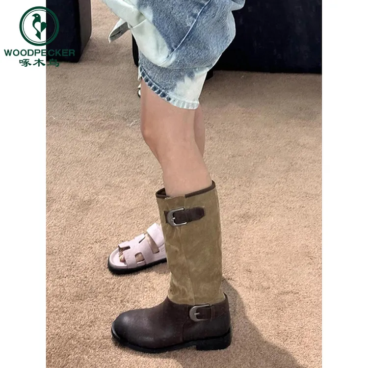 啄木鸟秋季复古西部牛仔靴女皮带扣大筒围不过膝粗跟显瘦骑士靴