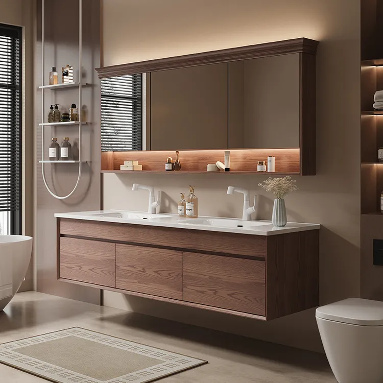 中古风陶瓷一体盆双盆浴室柜组合实木洗漱台洗脸盆洗手台盆柜组合