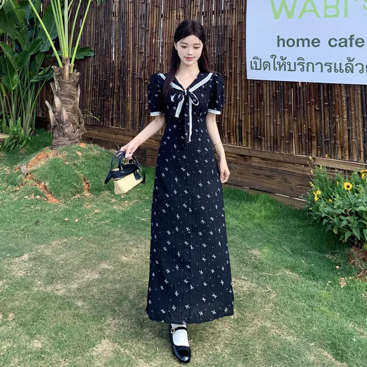 大码复古长裙胖mm初夏2025新款韩系复古黑色显瘦好看碎花连衣裙女