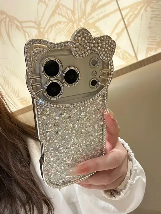 ins闪粉亮片立体点钻Kitty镜框适用iPhone17pro手机壳16promax女