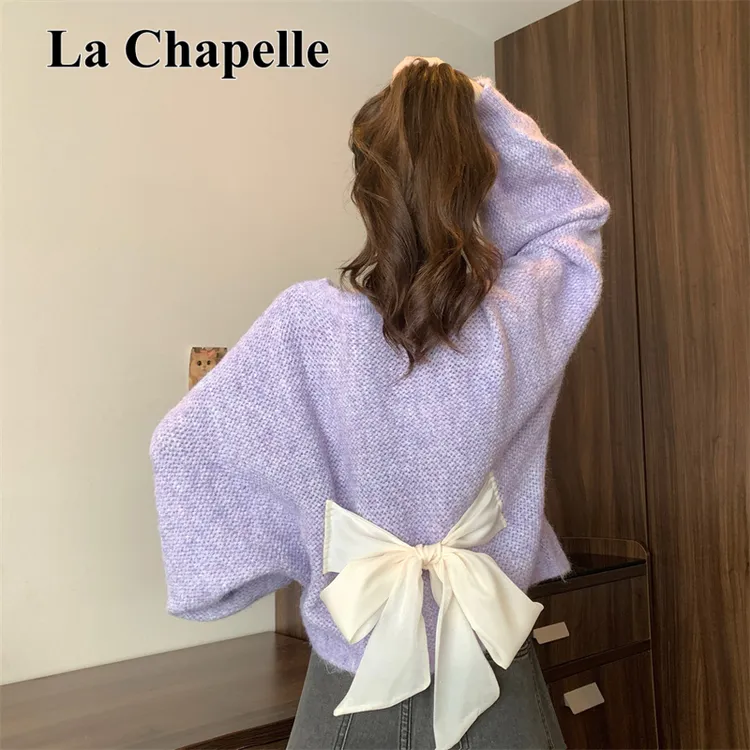拉夏贝尔法式甜美软糯蝴蝶结毛衣针织衫女秋冬款宽松百搭打底上衣