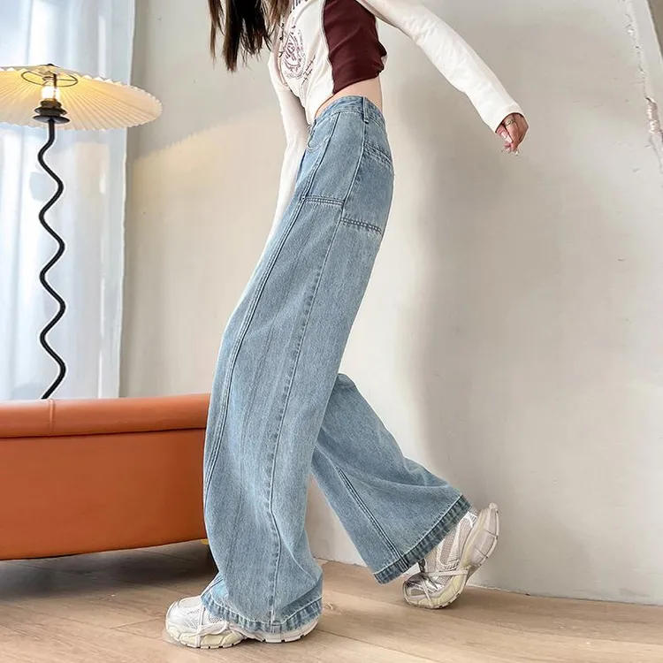 浅蓝色阔腿牛仔裤女春秋季新款小个子高腰显瘦设计感拼接直筒长裤