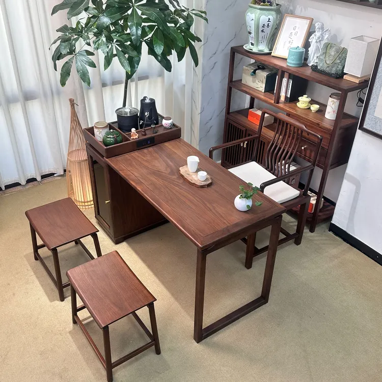 北美黑胡桃阳台小茶桌带抽屉多功能湿泡桌储物新中式家用简约禅意