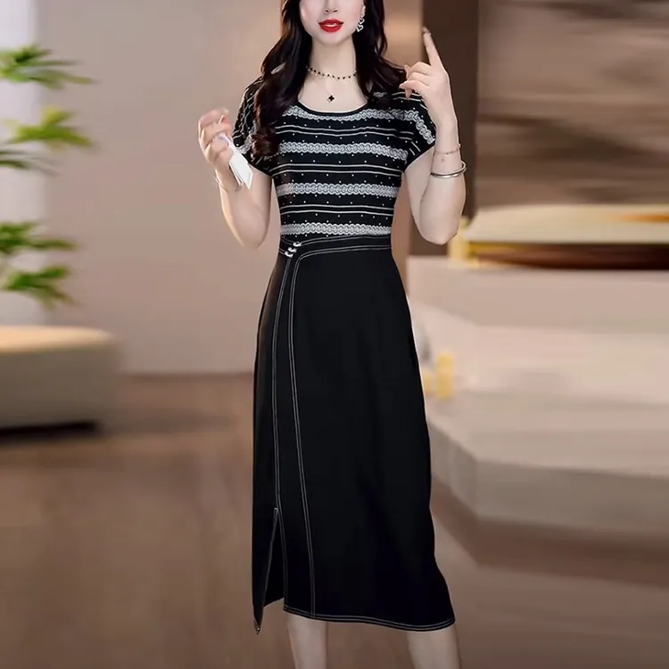 乔其丝轻奢女装包臀裙2025夏季新款时尚拼接黑色显瘦短袖连衣裙子