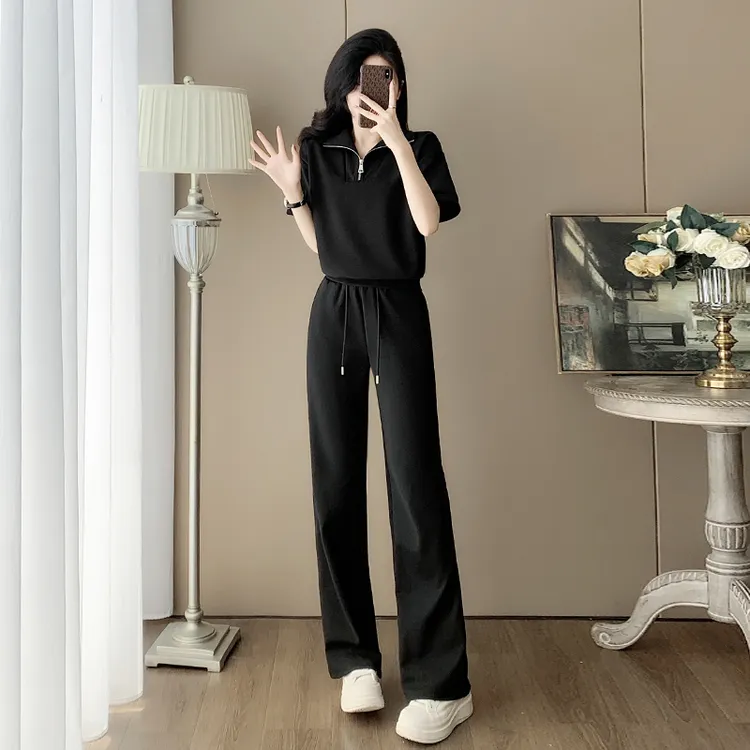 2025夏季新款黑色休闲运动套装女时尚洋气短袖长裤两件套收腰显瘦