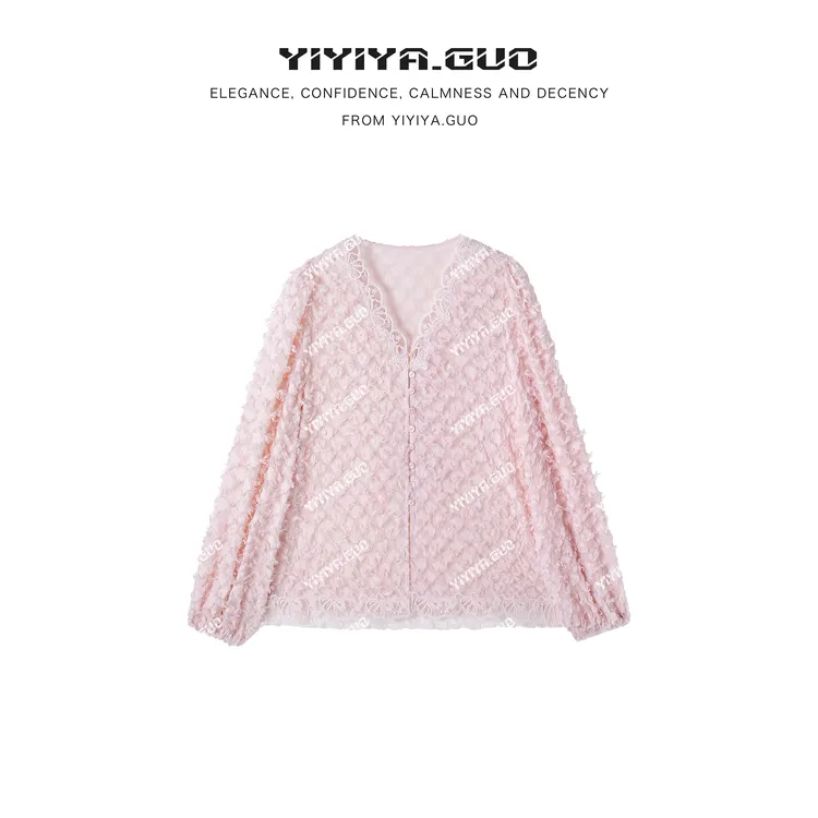 yiyiya.Guo艺艺吖【雾纱】早春新款V领剪花长袖上衣120029SS52