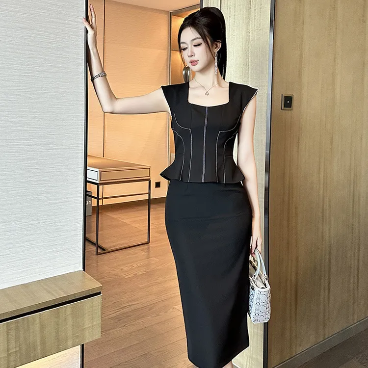 婷婷衣恋61188夏季新款御姐风气质方领收腰显瘦包臀假两件连衣裙