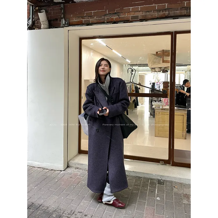 JCCC影子【普罗旺斯】紫色气质经典绵羊毛混纺长款大衣外套JE5HMD12