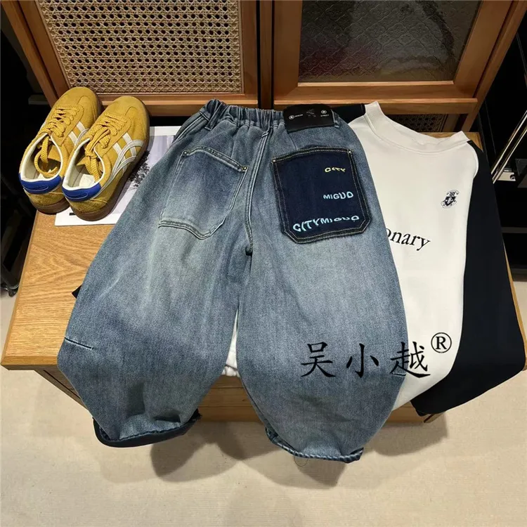 吴小越w1779男童加绒牛仔裤冬款刺绣痞帅男孩冬新款韩版长裤