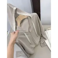 夏季连帽蕾丝拼接凉感醋酸亚麻针织衫T恤衫韩版宽松防晒开衫上衣