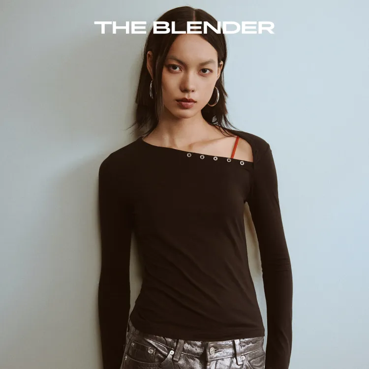 【新品】The Blender25秋斜亨利领琥珀流光修身弹力针织长袖打底衫