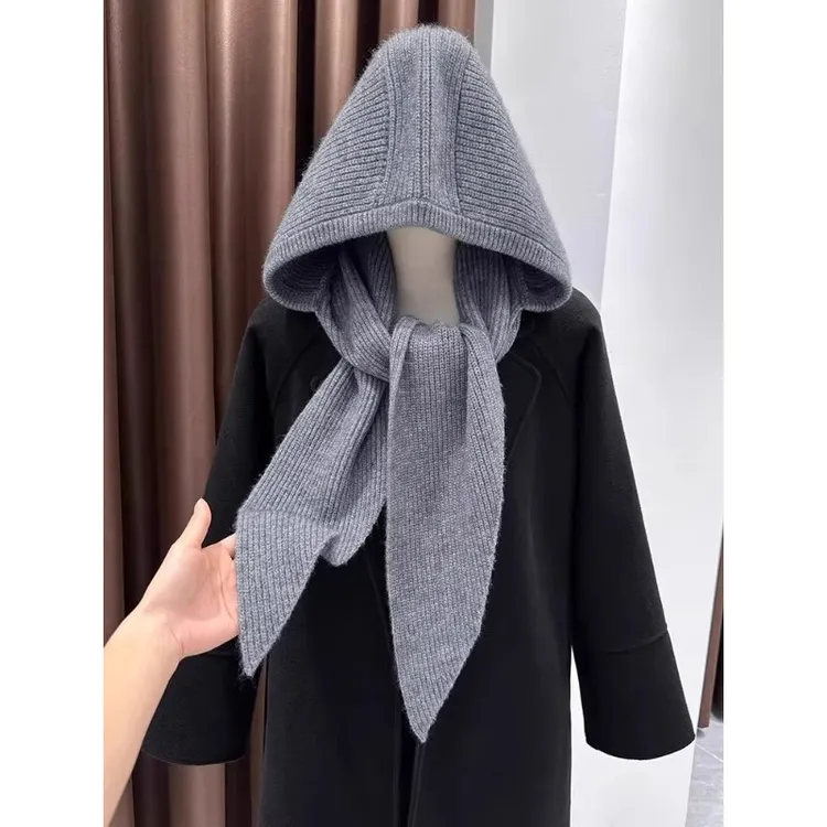 芯娇晴灰色针织连帽围巾一体女秋冬新款韩系保暖护耳围脖披肩两用