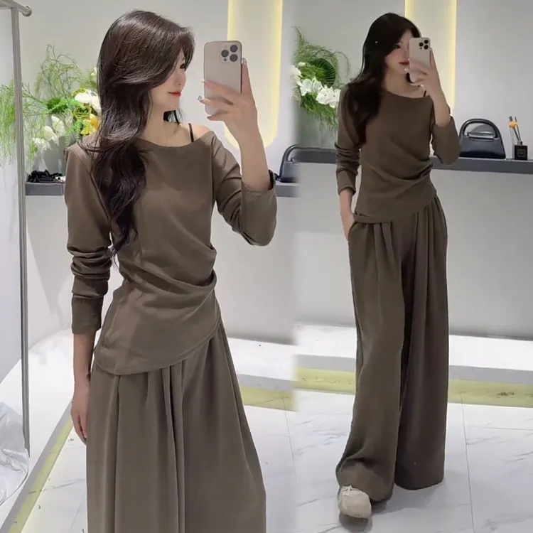 【有运费险】2025秋季新款时髦洋气小个子露肩长袖上衣阔腿裤两件套