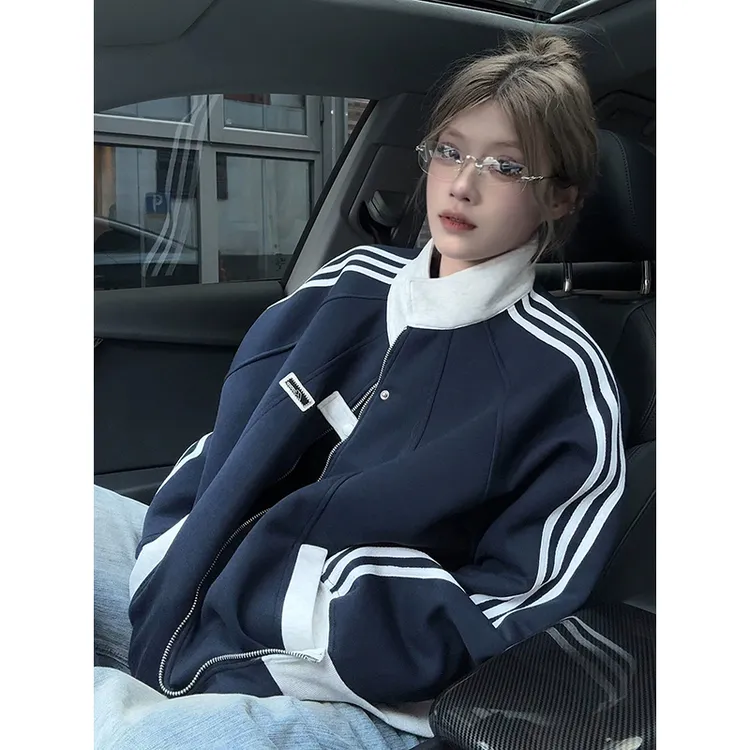 三条杠美式外套男款潮牌解构立领棒球服cleanfit条纹短款运动夹克