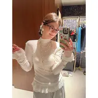 【荟荟啥都会】2025新款秋冬手工花边黑白天丝莱赛尔羊毛中高领打底