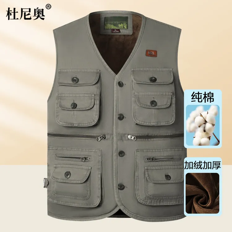纯棉加绒加厚爸爸马甲男中老年秋冬装扣子款背心老人工装坎肩马夹