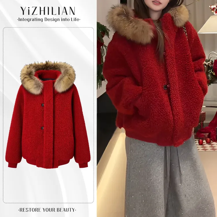 韩系巨好看连帽毛领针织短外套女冬季2025新款小个子百搭时尚开衫