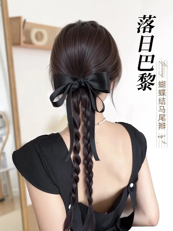 假发辫子女抓夹高马尾仿真发丝带双麻花长辫子发饰新中式马尾假发
