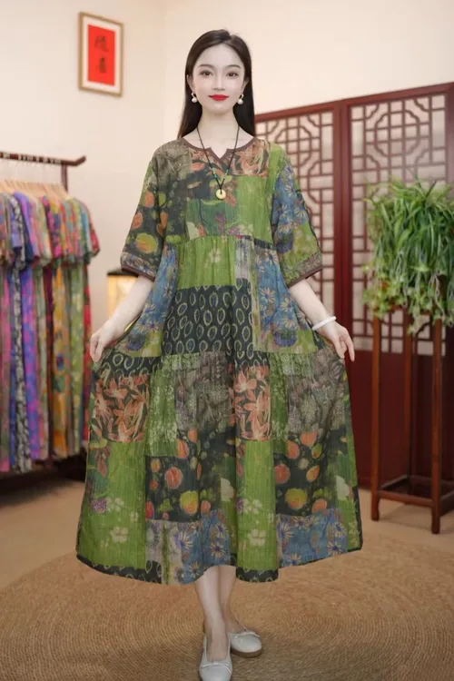 [探故知]夏季新款高级气质棉麻柔软遮肚宽松显瘦连衣裙子妈妈装