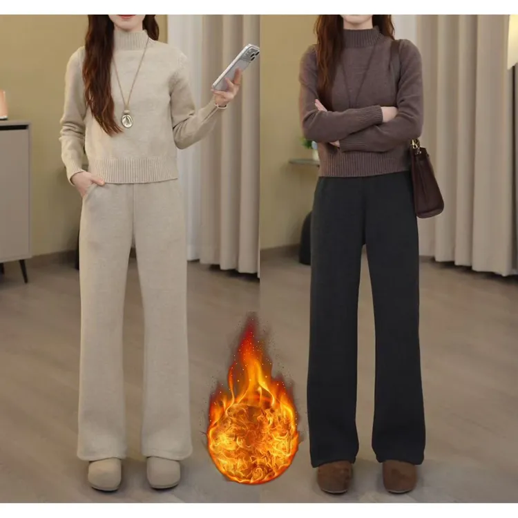 小个子秋冬季加绒加厚高腰时尚显瘦外穿休闲直筒裤女