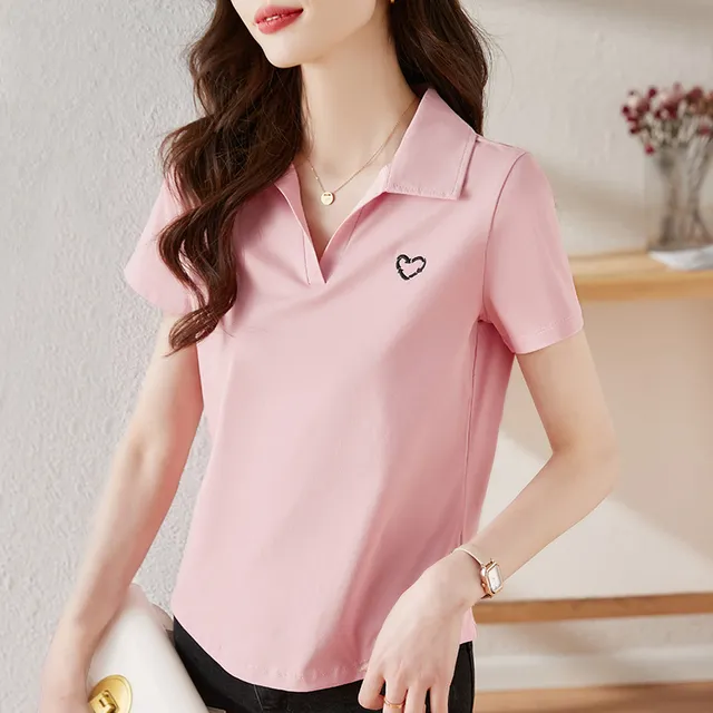 新款高端polo衫短袖t恤女上衣2025夏季v领带领翻领爆款时尚打底衫