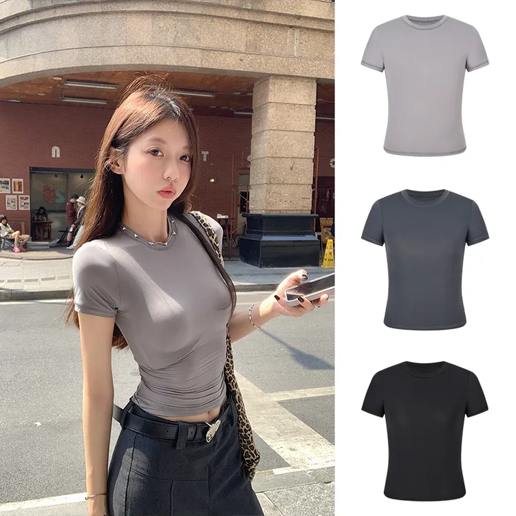 Moses Queen/魔西女王掐腰运动健身瑜伽短袖T恤紧身显瘦内搭上衣