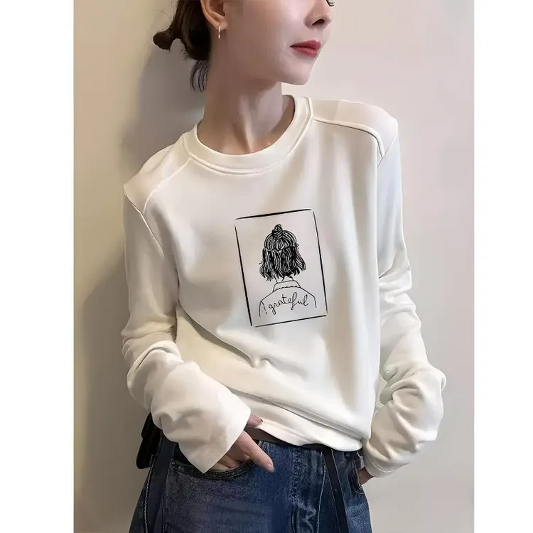 秋冬磨毛加绒打底衫女纯棉新款白色长袖t恤设计感保暖内搭上衣潮