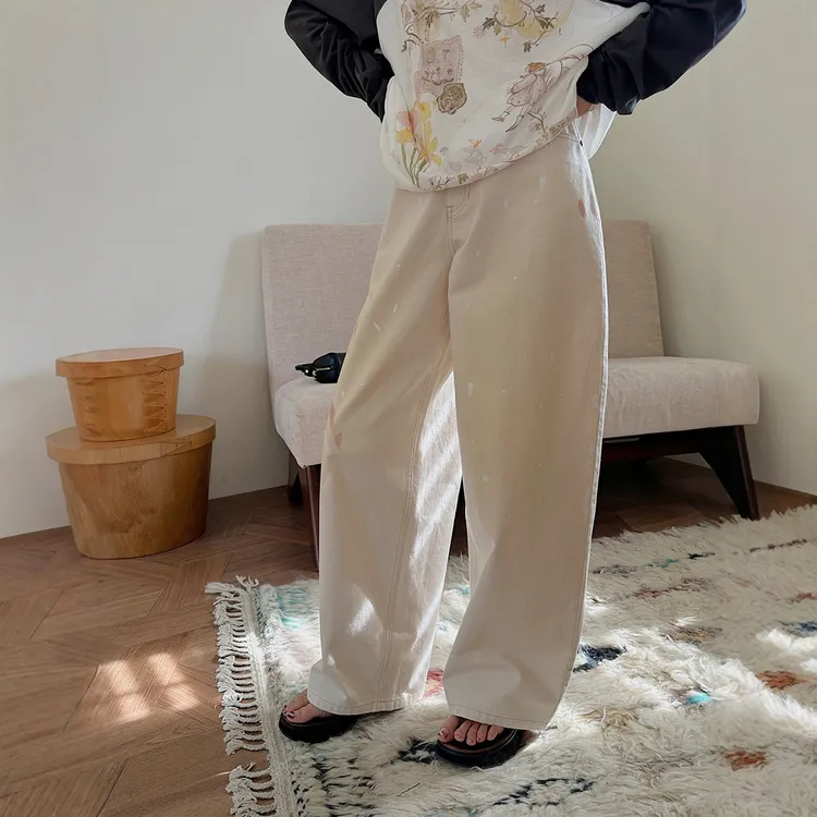 REREK设计师品牌做旧感中低腰休闲宽松喷墨牛仔长裤R25C07228166