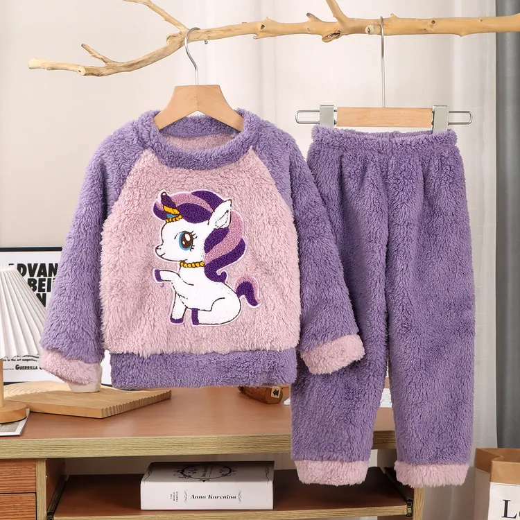 儿童法兰绒睡衣男童女童珊瑚绒套装中大童秋冬加绒加厚长毛家居服