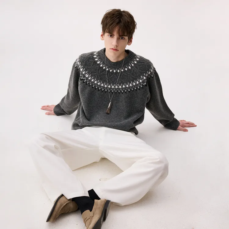 CHICERRO西西里男装美式费尔岛羊毛混纺毛衣针织时尚羊绒宽松圆领