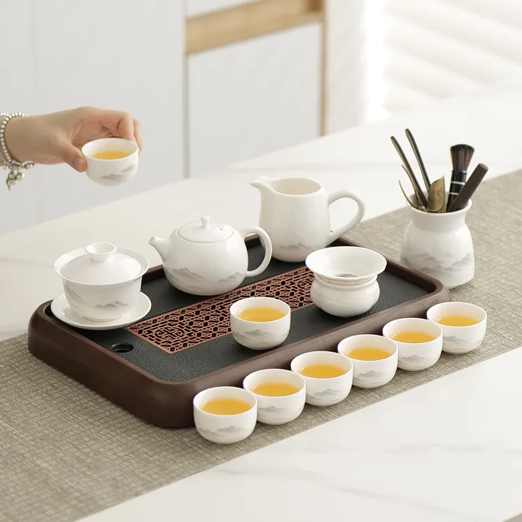 羊脂玉整套功夫茶具套装家用水墨风盖碗茶杯客厅会客泡茶2025新款