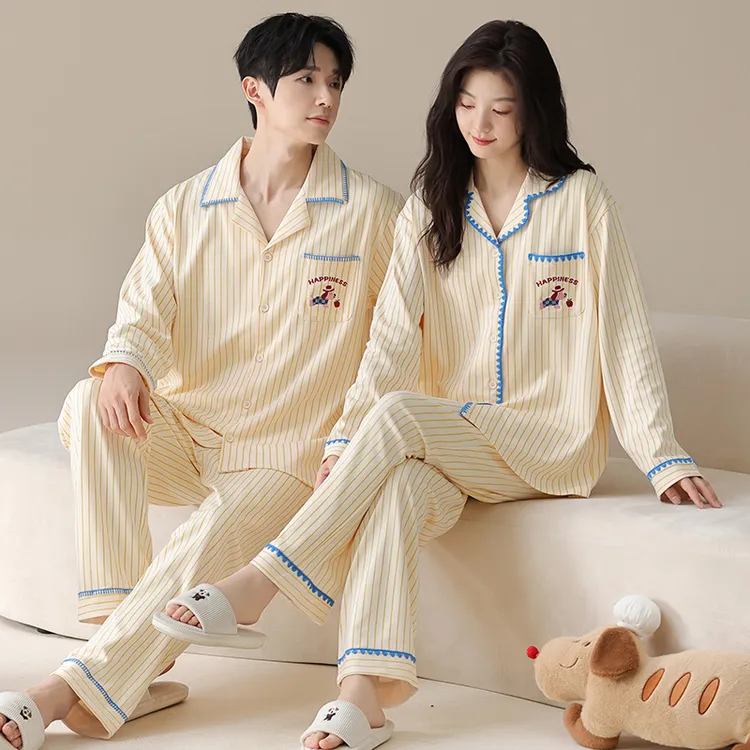 双面纯棉情侣开衫长袖长裤睡衣女春秋款宽松条纹卡通冬季家居服