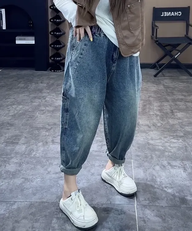 萱贝纯宽松显瘦牛仔老爹裤女2025春季新款韩版时尚九分弹力哈伦裤